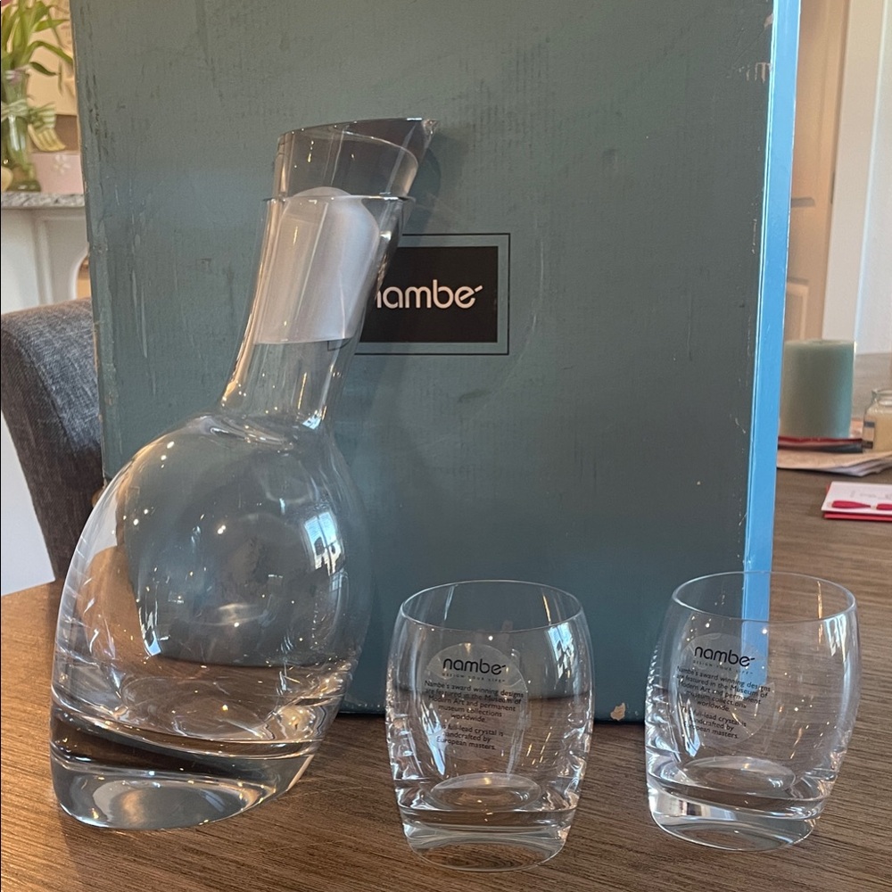 Nambe Elegant Clear Glass Decanter and Tumbler Set